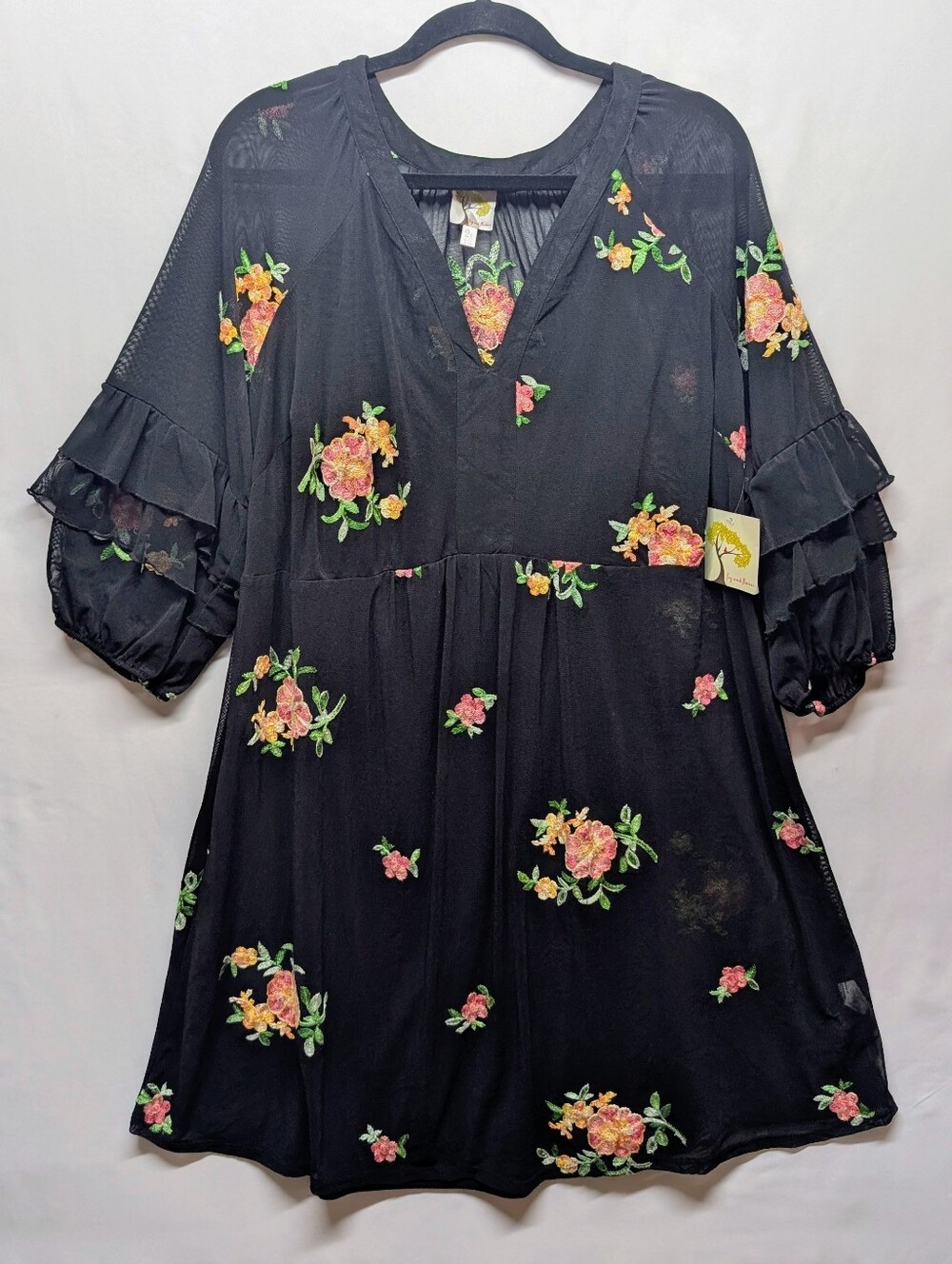 Anthropologie fig and flower Black Top with Green Floral Embroidery Tunic/ Dress